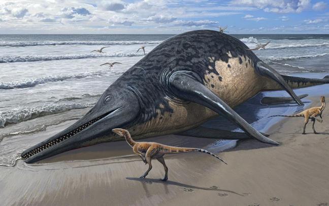 Recreación de un cadáver de Ichthyotitan severnensis en la playa.