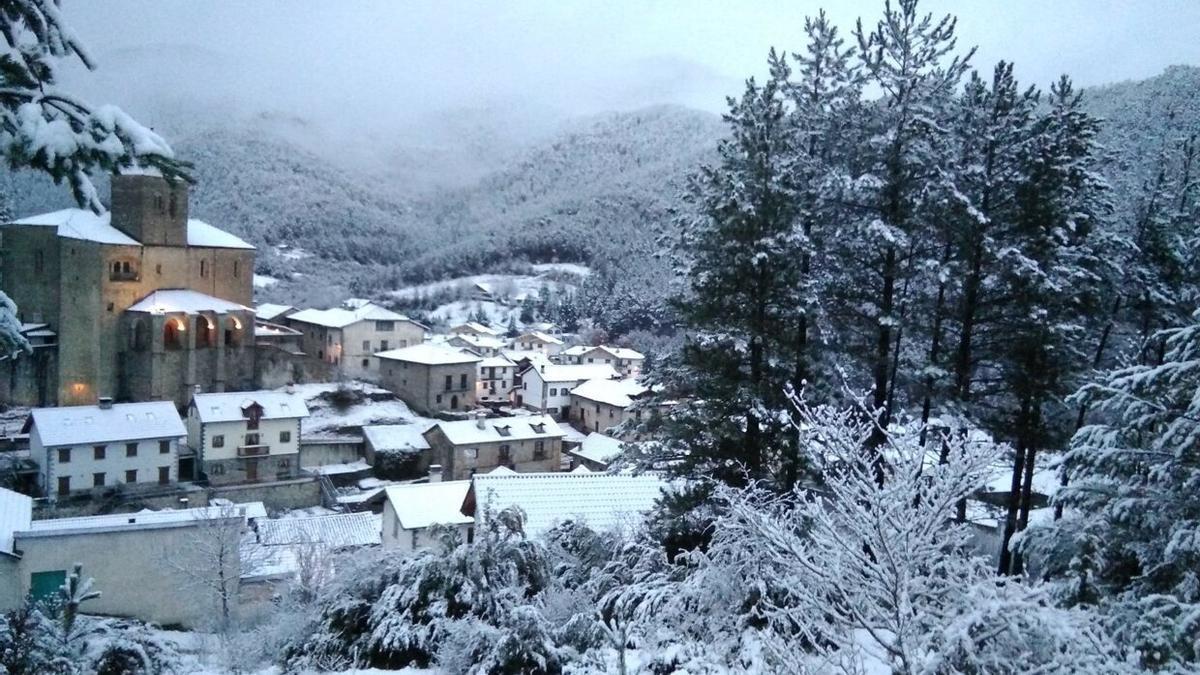 Vista de Roncal cubierto de nieve