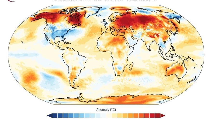 Anomalía de la temperatura del aire superficial para enero de 2025 con respecto al promedio de enero para el período 1991-2020.