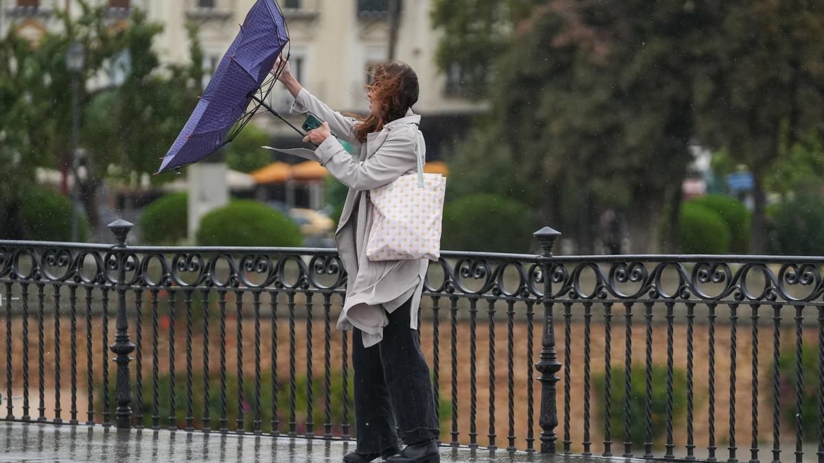 Una mujer trata de refugiarse de la lluvia.