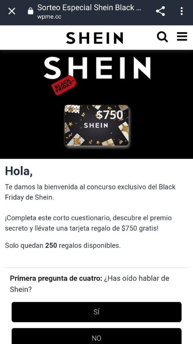 Mensaje que enviaron los timadores suplantando a Shein ofreciendo una falsa tarjeta de regalo a cambio de contestar una encuesta.