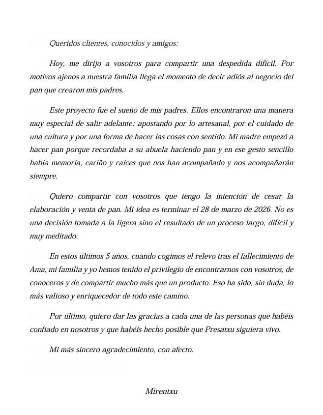 Escrito de despedida a la clientela