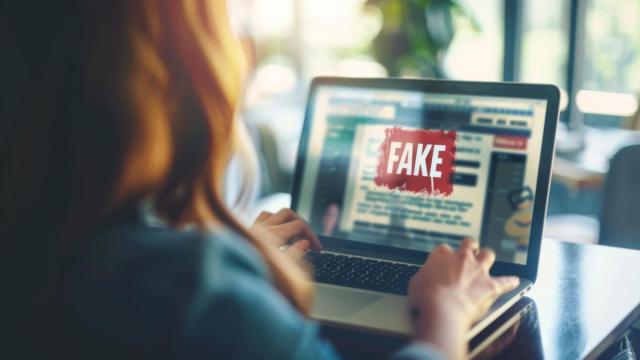 Una mujer consulta noticias que resultan ser falsas.