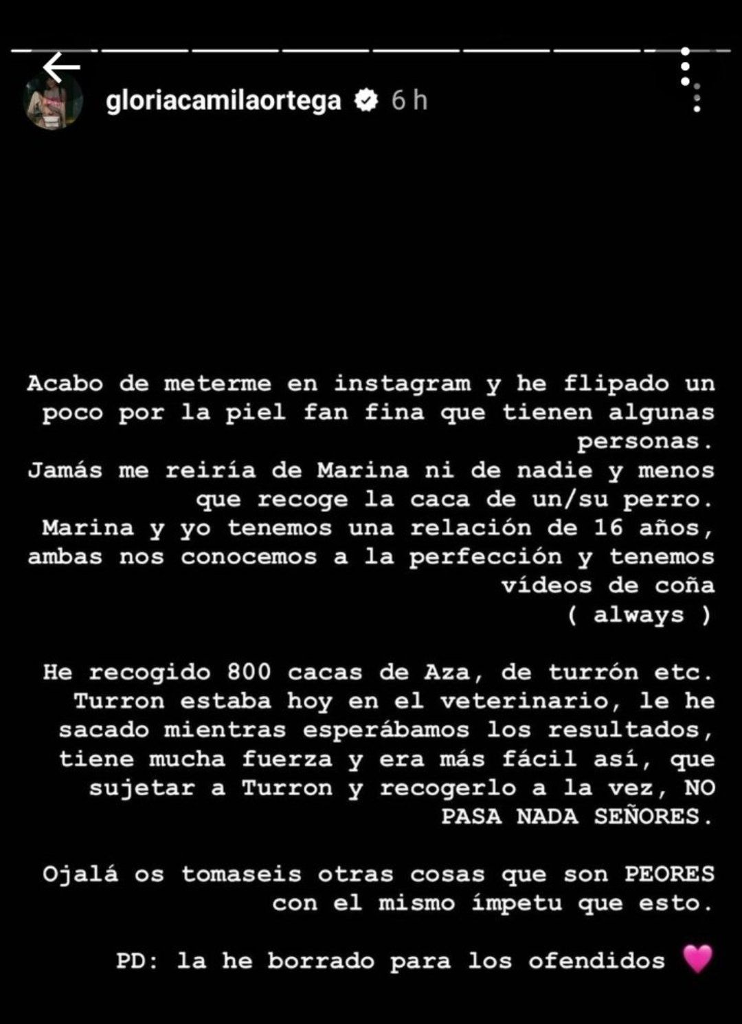 El mensaje de Gloria Camila en Instagram.