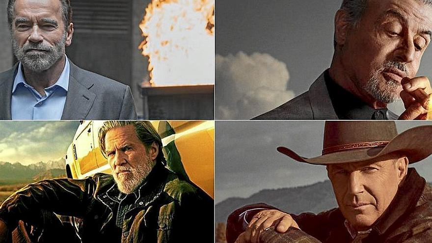 Arriba, Arnold Schwarzenegger y Sylvester Stallone. Debajo, Jeff Bridges y Kevin Costner. | FOTO: NETFLIX, SKYDHOWTIME Y DISNEY +