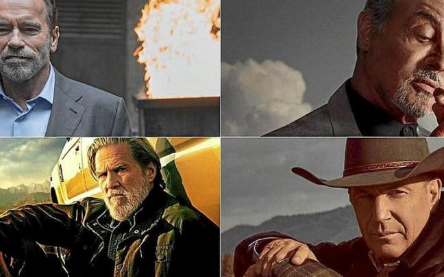 Arriba, Arnold Schwarzenegger y Sylvester Stallone. Debajo, Jeff Bridges y Kevin Costner. | FOTO: NETFLIX, SKYDHOWTIME Y DISNEY +