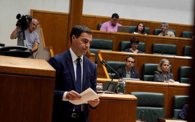 El lehendakari, Imanol Pradales, en el pleno del Parlamento Vasco, con Pello Otxandiano a sus espaldas
