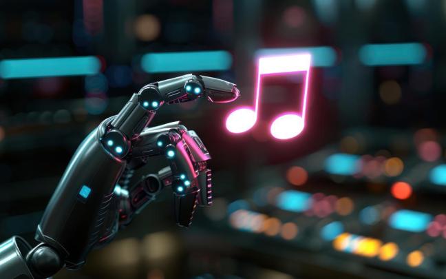 La mano de un robot interactúa con una nota musical.