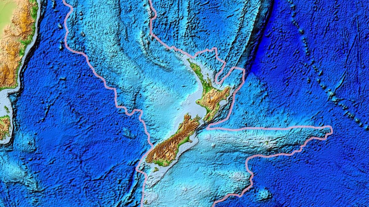 Nueva Zelanda forma parte de la cordillera que vertebra el recién cartografiado continente de Zelandia, delimitado en gris.