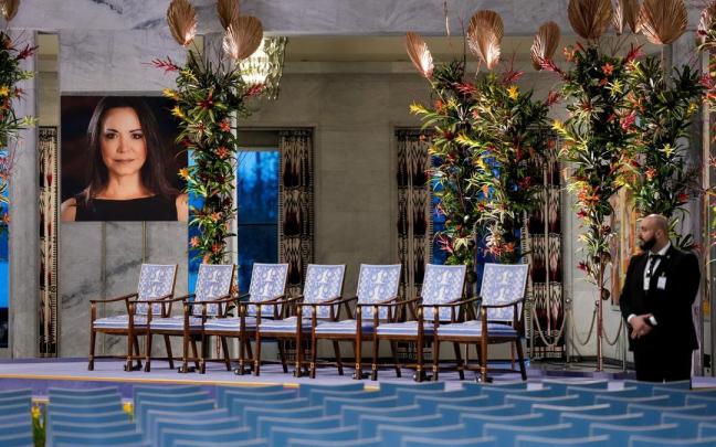 Una foto de Machado, Nobel de la Paz, en la ceremonia en Oslo.