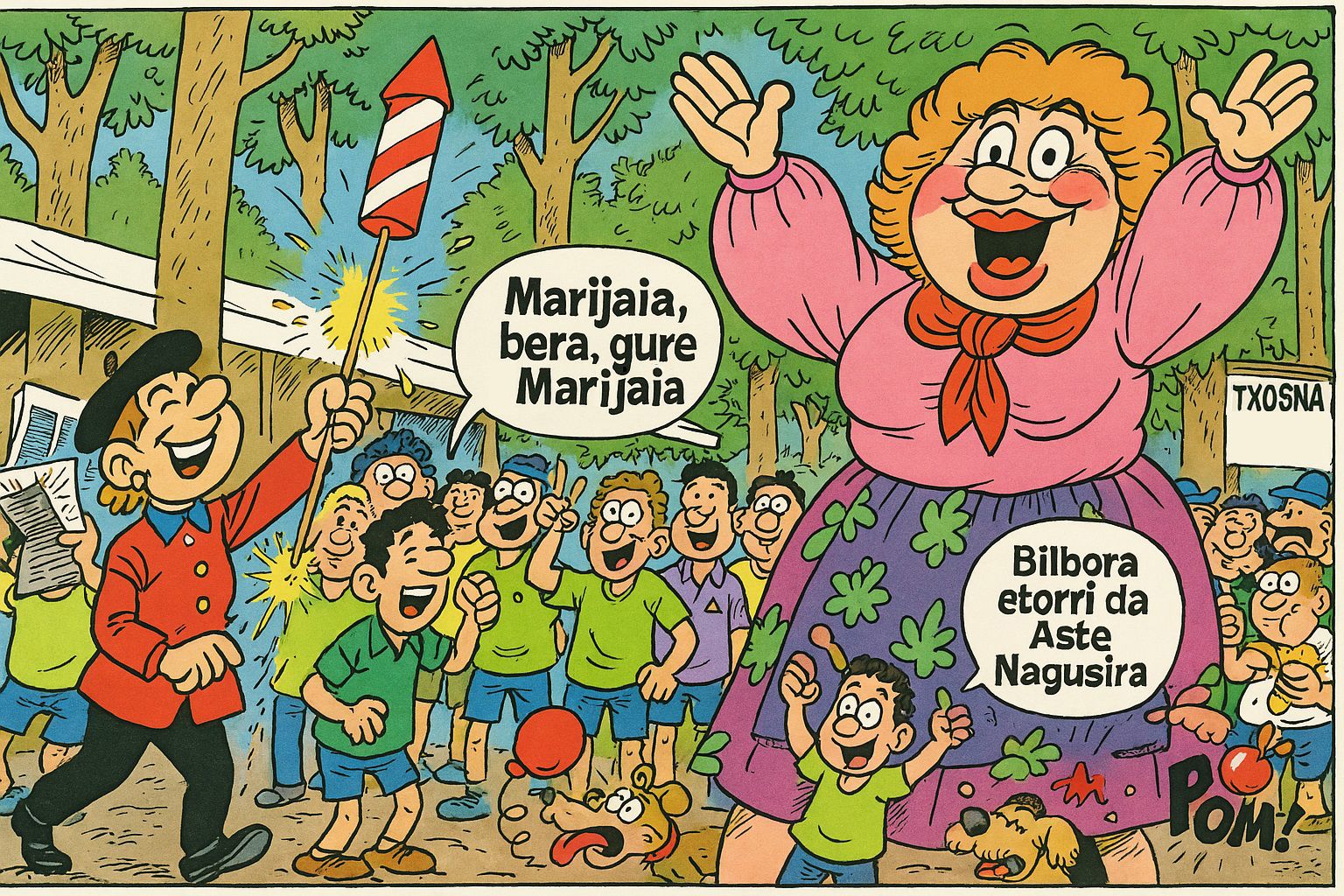 La Marijaia y la Txupinera en las txosnas de la Aste Nagusia bilbaína al estilo de Francisco Ibáñez sobre una foto de Oskar González.