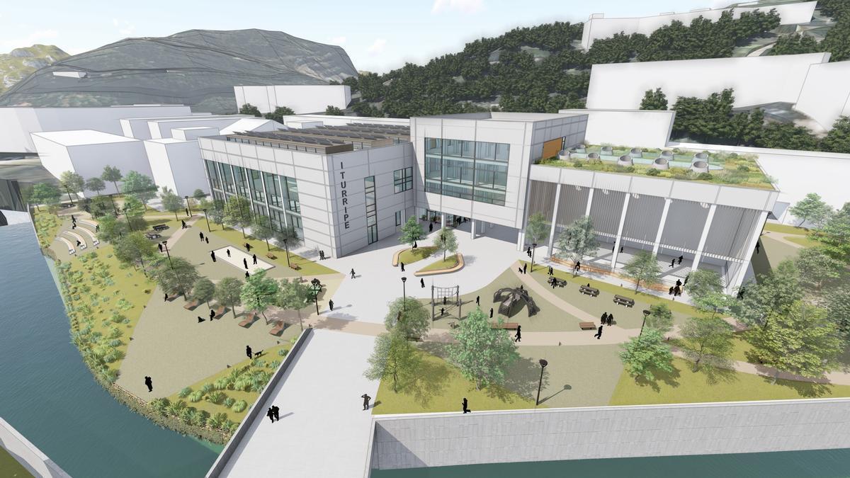 Fotomontaje del nuevo edificio que albergará el polideportivo y su parque urbano en el entorno.