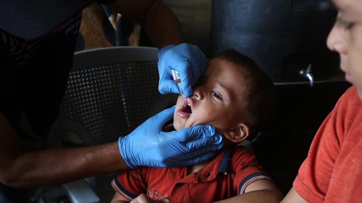 Un niño palestino recibe una dosis de la vacuna contra la poliomielitis en Deir al Balá, en el centro de la Franja de Gaza.