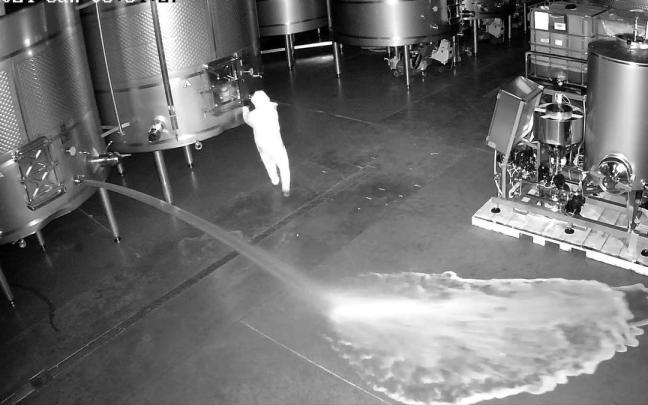 Captura del vídeo de las cámaras de seguridad en la que se ve al individuo que vacío los depósitos de vino. / CEPA 21 Captura del vídeo de las cámaras de seguridad en la que se ve al individuo que vacío los depósitos de vino.