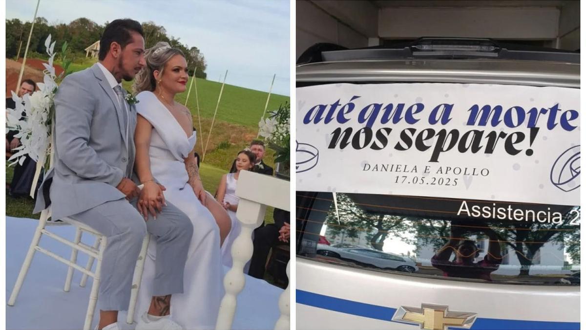 Los novios en la boda y el coche fúnebre en el que llegaron.