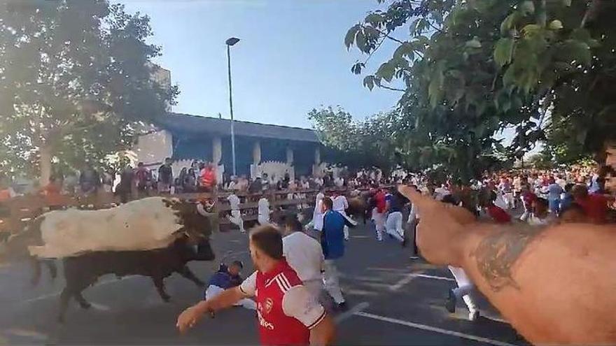Momento del pisotón a un mozo en el primer encierro de fiestas de Tafalla