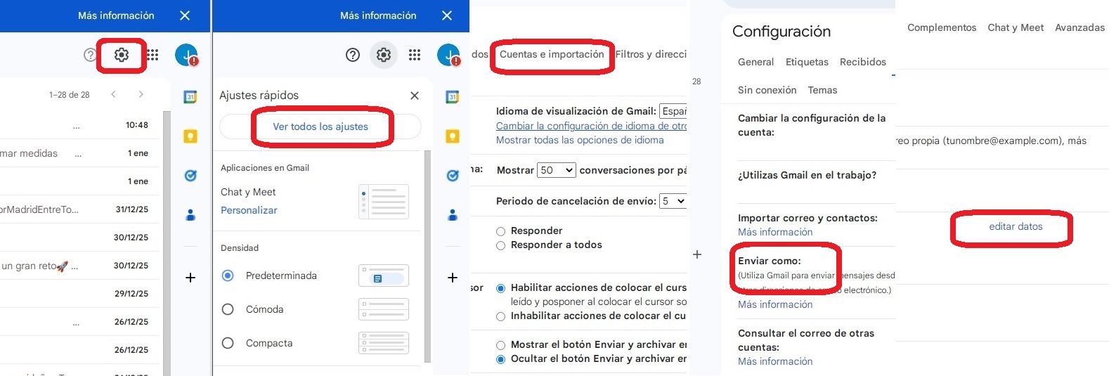Combo con los pasos para cambiar el nombre de una cuenta de Gmail.