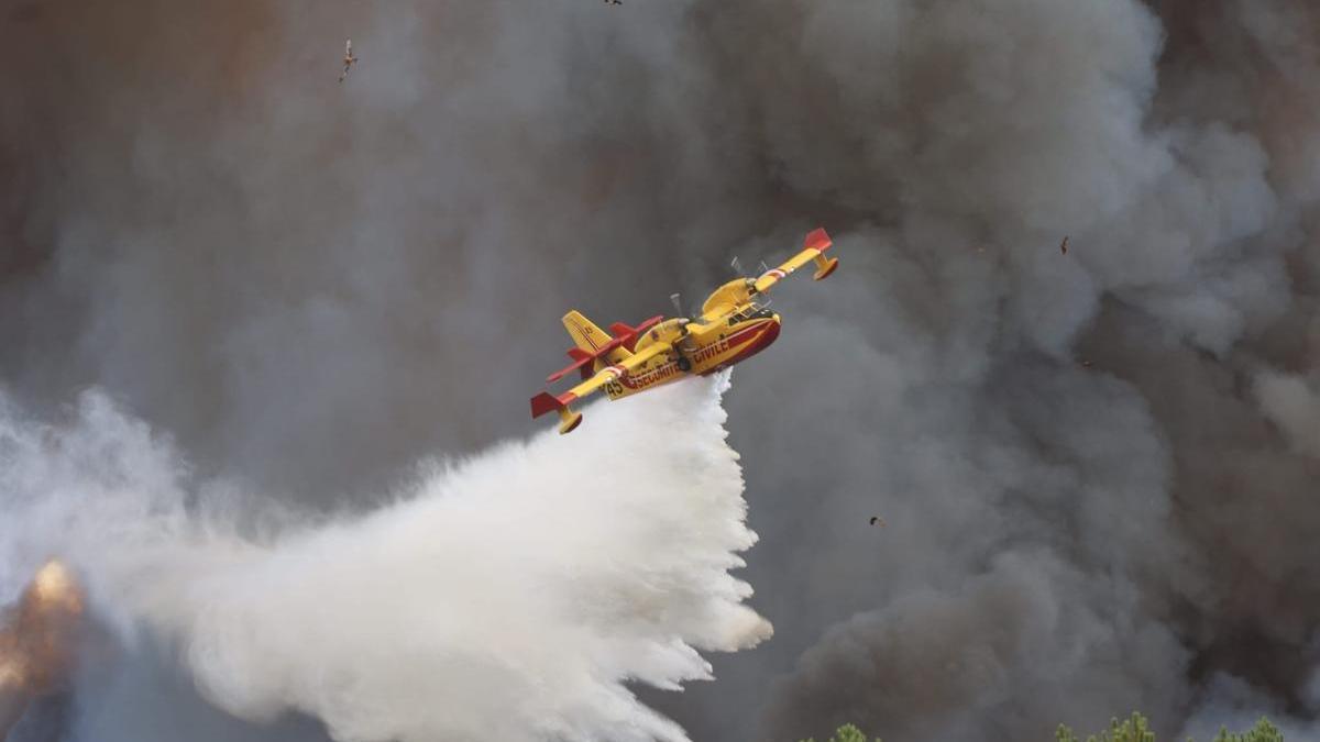 Un avión de Canadair arroja agua sobre un incendio en Camp de Souge Martignas-sur-Jalle, cerca de Burdeos.