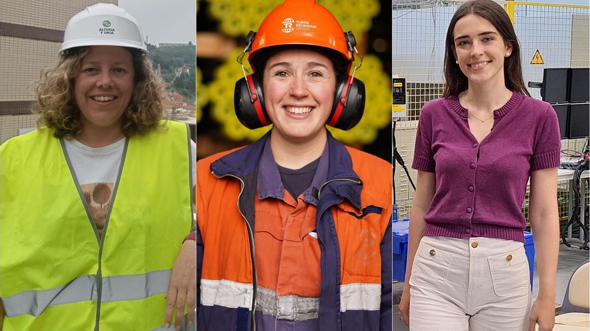 De izquierda a derecha: Marisa Iglesias, jefa de Obra en Altuna y Uria; Abigail Palacio trabaja en Tubos Reunidos desde hace nueve años; Ane Sainz de la Maza trabaja en Tecnalia.