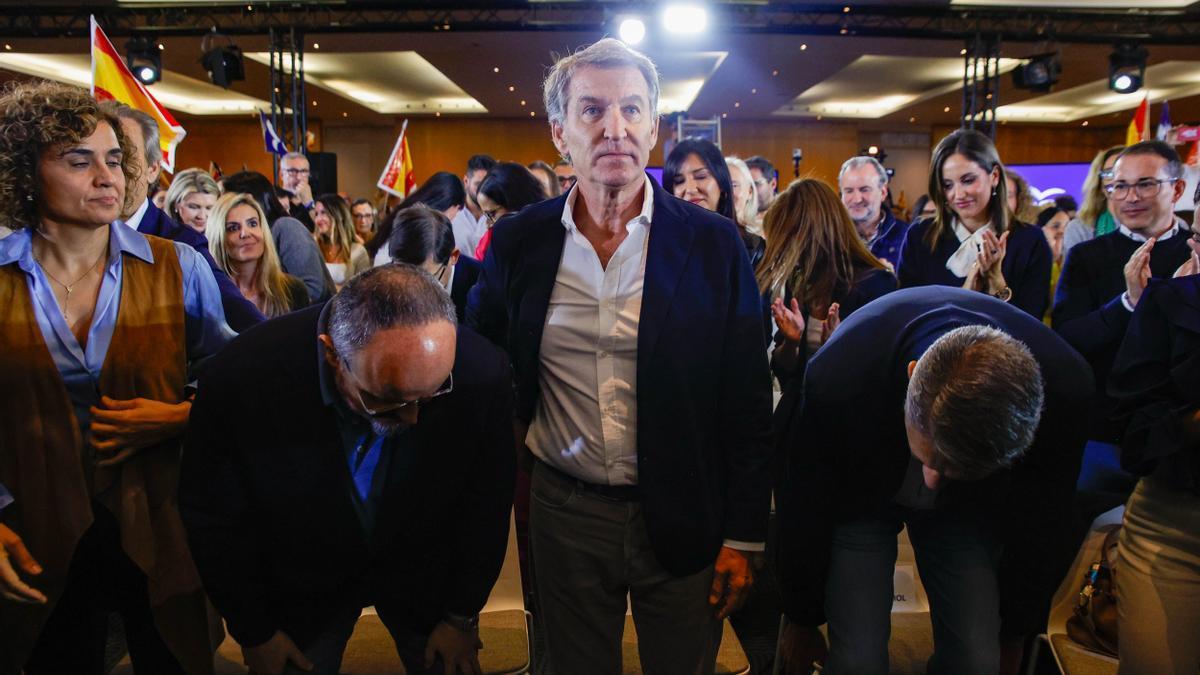 Feijóo, durante un acto de precampaña del PP, en el Palau de Congressos de Catalunya.
