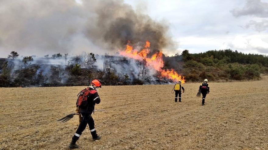 Bomberos sofocando un incendio declarado en un pinar del valle de Lónguida, en septiembre de 2020.
