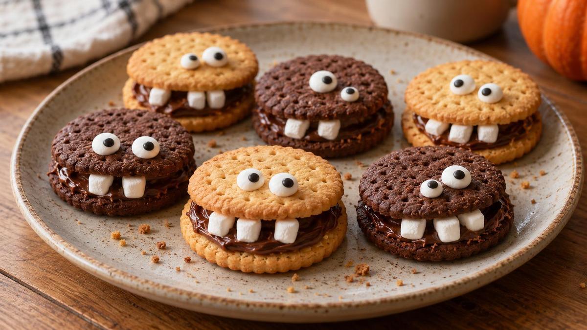 Galletas monstruo con crema de cacao, dientes de nube y ojos de azúcar.