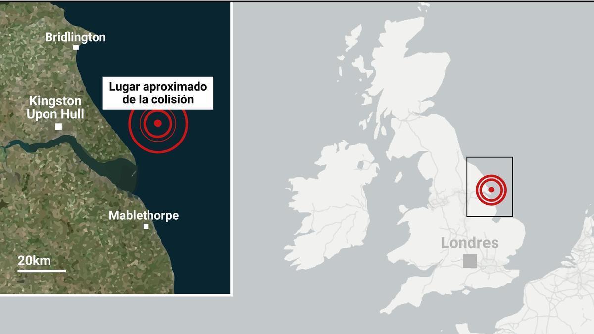 Mapa con lugar del suceso en Reino Unido. Un petrolero y un buque mercante han colisionado este lunes frente a las costas del condado de Yorkshire del Este