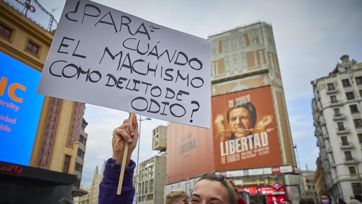 Unas mujer sostiene una pancarta donde se leer "¿Para cuándo el machismo como delito de odio?".