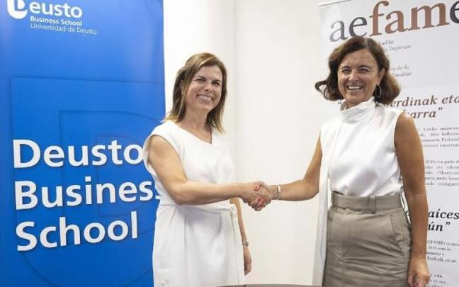 Aitziber Sukia, vicepresidenta de AEFAME, y Macarena Cuenca, decana de Deusto Business School.