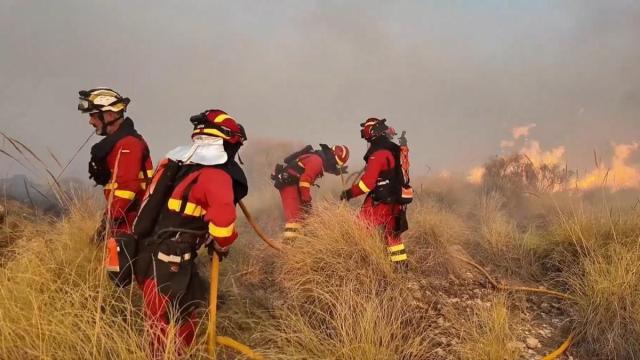 Efectivos de la UME tratan de sofocar las llamas del incendio de Los Gallardos.