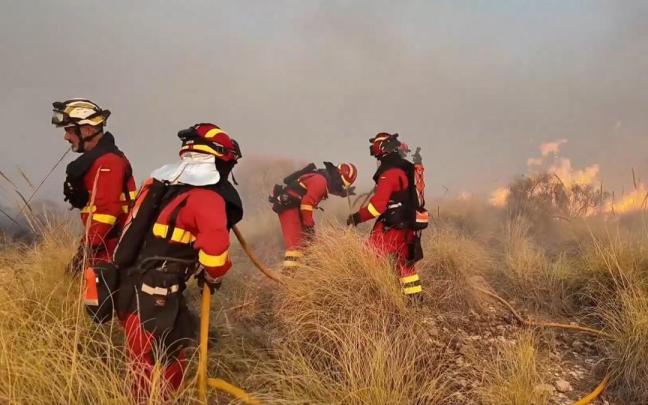 Efectivos de la UME tratan de sofocar las llamas del incendio de Los Gallardos.