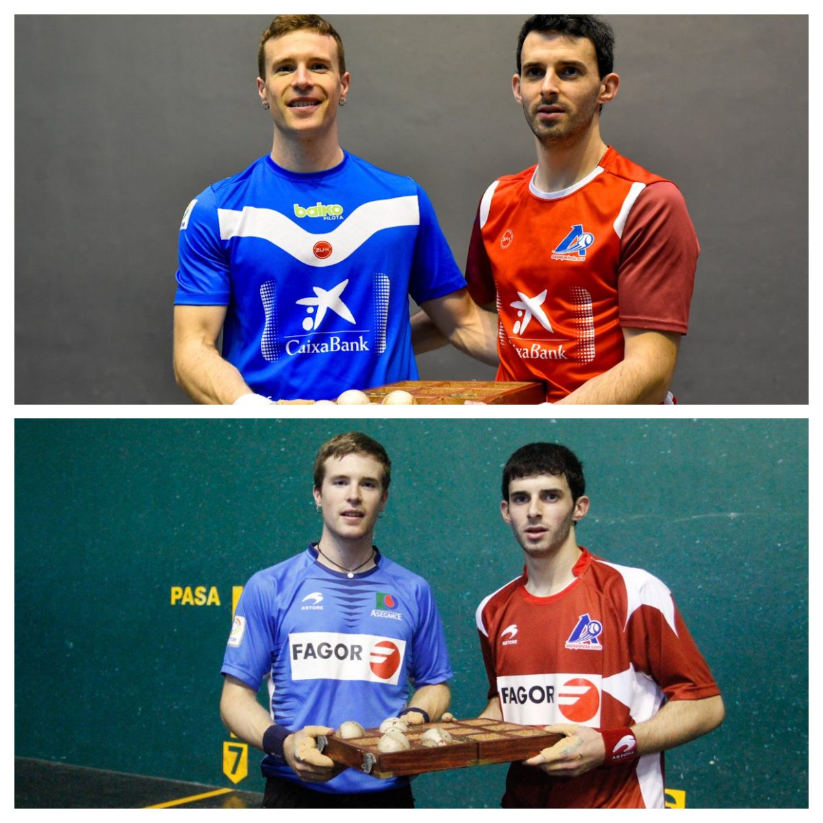 Arriba: Artola y Altuna III, en la elección de este jueves para la semifinal del Manomanista en el Atano III. Abajo: los protagonistas en el mismo escenario en 2014 para la final del acotado de Segunda.