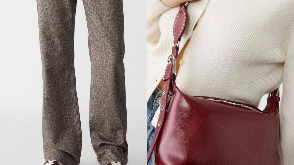 Jeans con animal print de leopardo y bolso burdeos