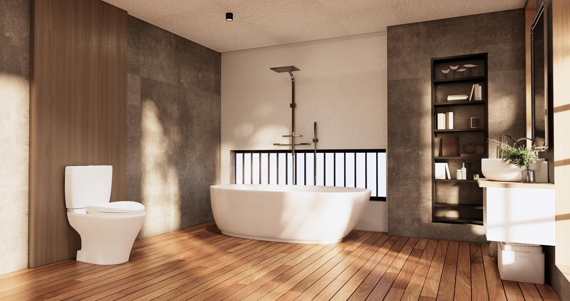 Los suelos de madera en el baño aportan sensación de continuidad y calidez.