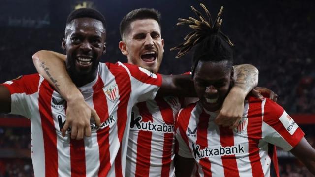 Los hermanos Williams y Oihan Sancet celebrando un tanto del Athletic en Europa League este curso. Foto: ATHLETIC CLUB Los hermanos Williams y Oihan Sancet celebrando un tanto del Athletic en Europa League este curso. Foto: ATHLETIC CLUB