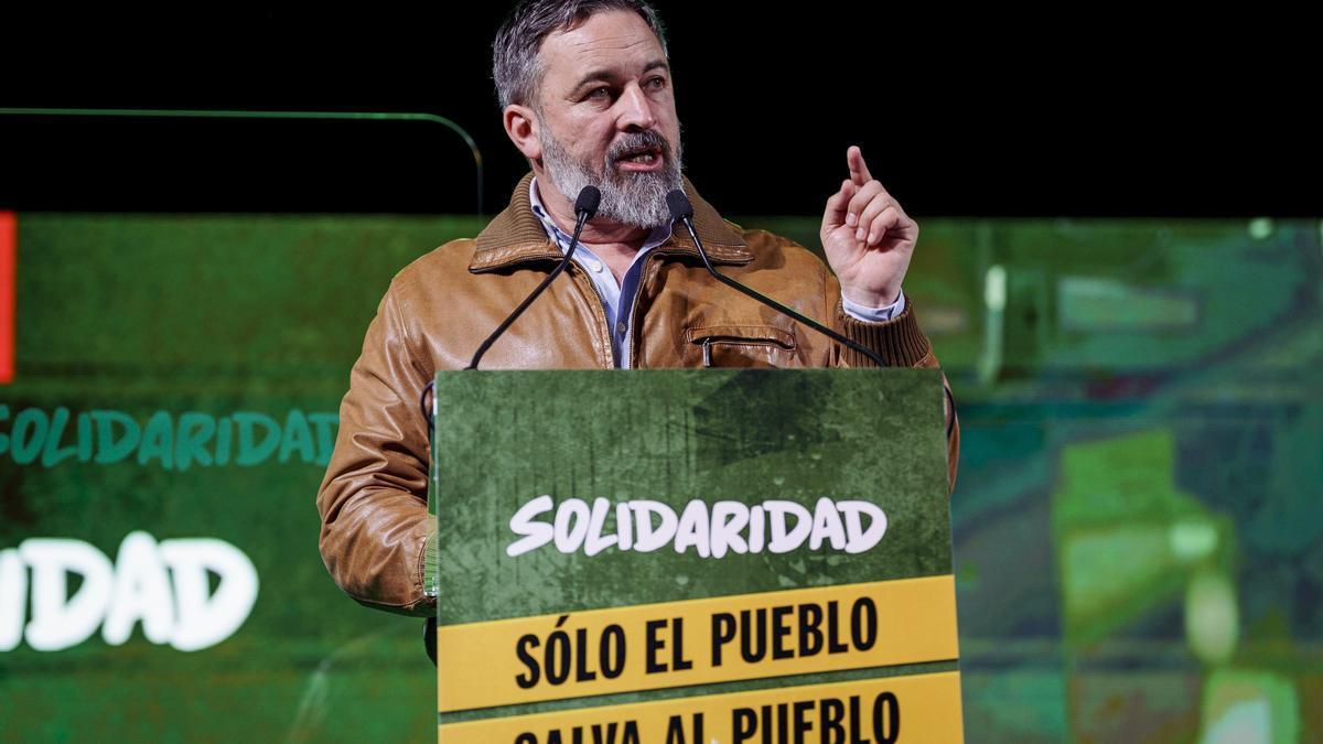 El líder de VOX, Santiago Abascal, interviene durante un acto público conjunto del sindicato Solidaridad