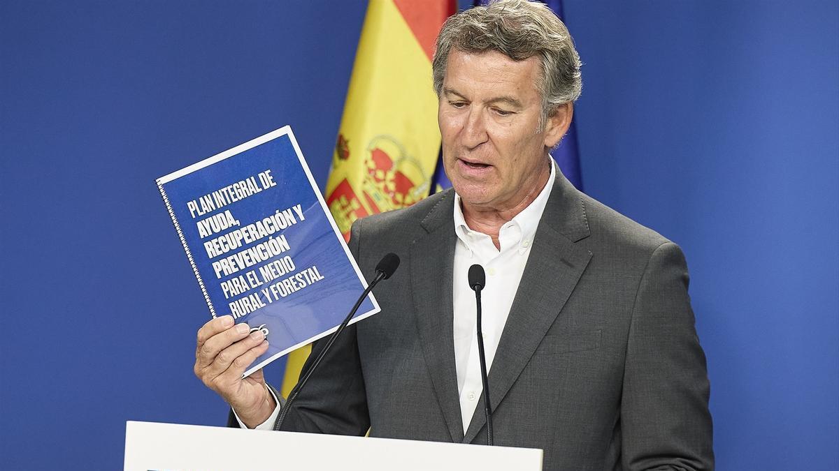 El presidente del PP, Alberto Núñez Feijóo, durante la presentación del plan contra incendios de su partido.