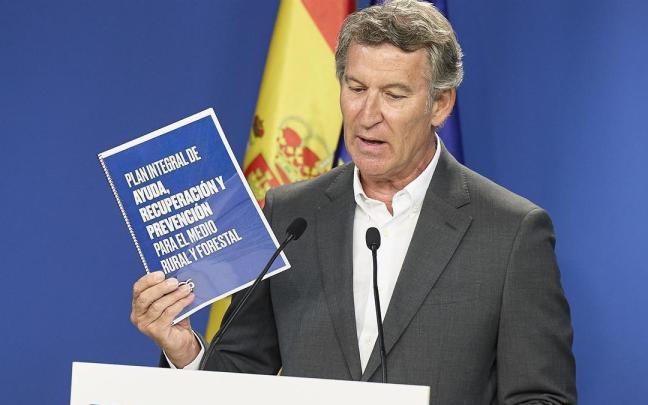 El presidente del PP, Alberto Núñez Feijóo, durante la presentación del plan contra incendios de su partido.