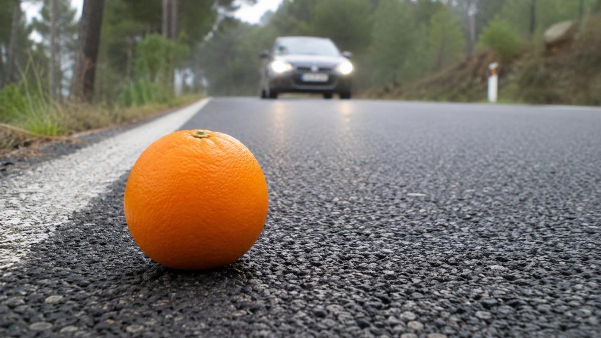 Una naranja en la carretera