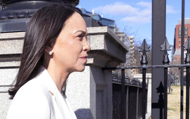 María Corina Machado a su llegada a la Casa Blanca para un almuerzo con Trump