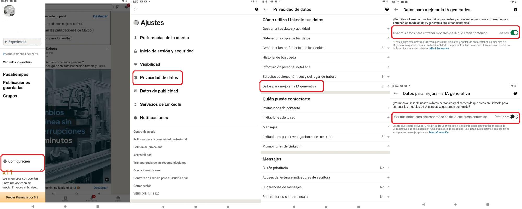 Recuadrado en rojo, de izquierda a derecha, los pasos para desactivar el uso de tus datos para entrena la IA de LinkedIn.