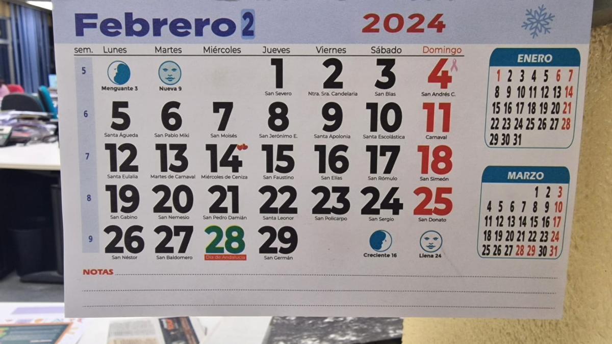 Un calendario del mes de febrero de 2024, con sus 29 días.