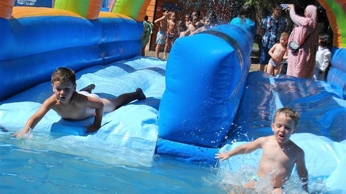 Un grupo de niños se divierte con unos hinchables acuáticos en una piscina.