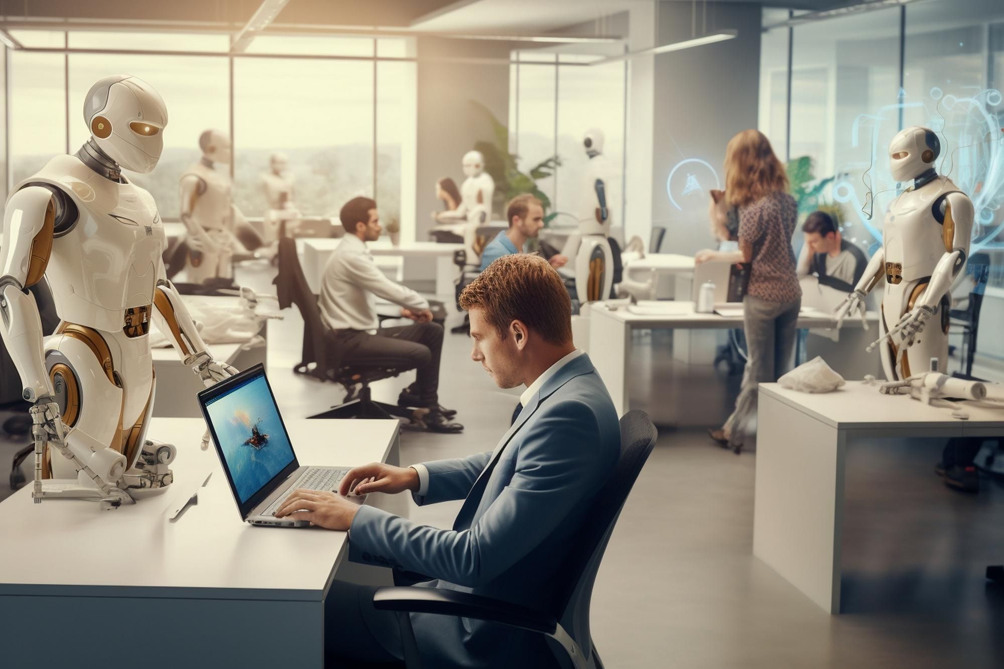 Recreación de una oficina en la que trabajadores y robots comparten espacio.