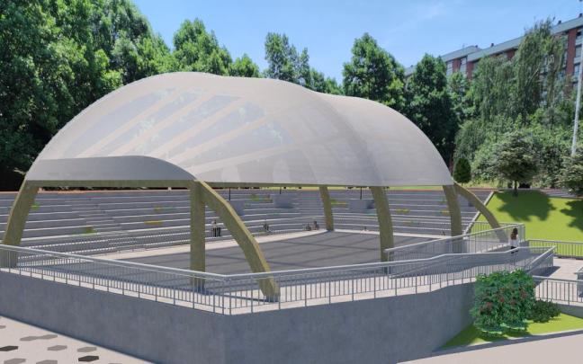 El proyecto contempla una intervención integral en en el escenario que combinará madera y un textil (EFTE) transparente de color blanco con una opacidad del 30% que iría anclado y tensado contra la estructura.