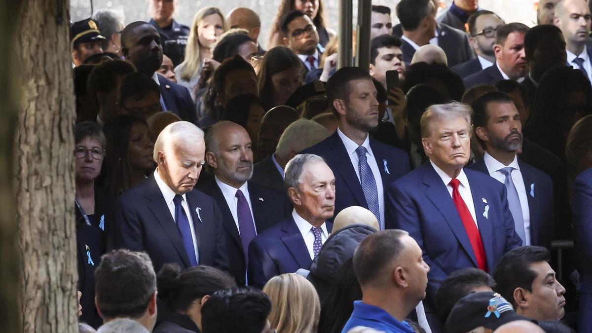 Joe Biden junto al alcalde de Nueva York, Michael Bloomberg, y Donald Trump en el homenaje a las víctimas del 11-S.