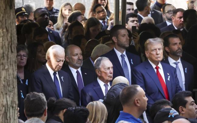 Joe Biden junto al alcalde de Nueva York, Michael Bloomberg, y Donald Trump en el homenaje a las víctimas del 11-S.