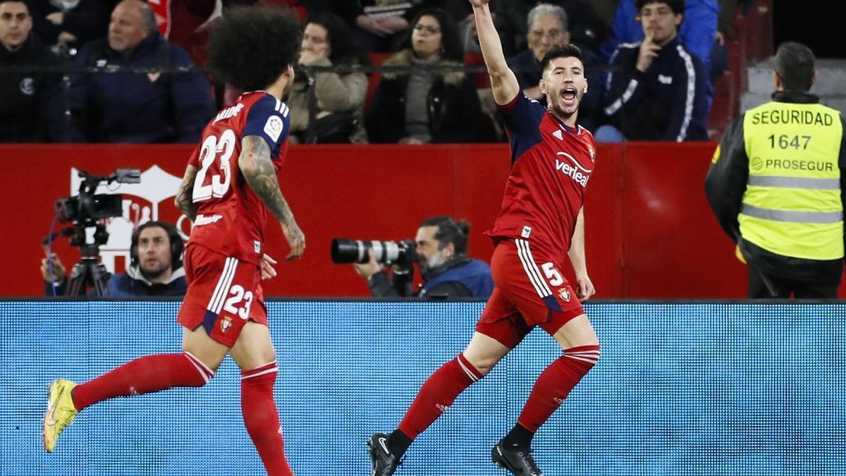 David García celebra el primer gol de Osasuna al Sevilla el pasado domingo en el Pizjuán.