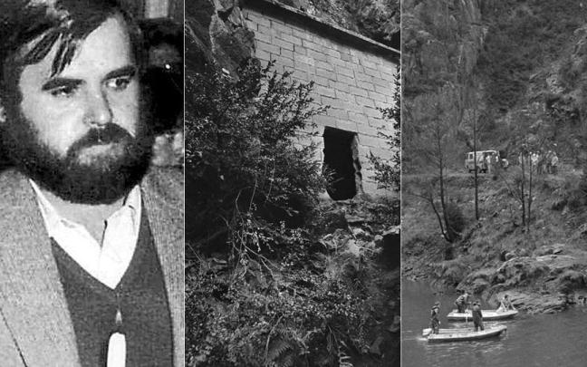 Mikel Zabalza tenía 32 años cuando fue detenido el 26 de noviembre de 1985. A la derecha, el estrecho hueco del túnel por donde escapó según la versión oficial, y labores de búsqueda en el río Bidasoa.