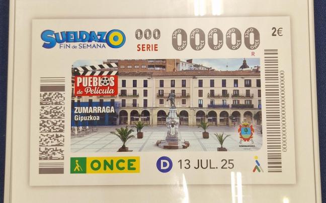 El cupón del 13 de julio, con la fotografía de la plaza de Zumarraga. / Zumarragako Udala El cupón del 13 de julio, con la fotografía de la plaza de Zumarraga.